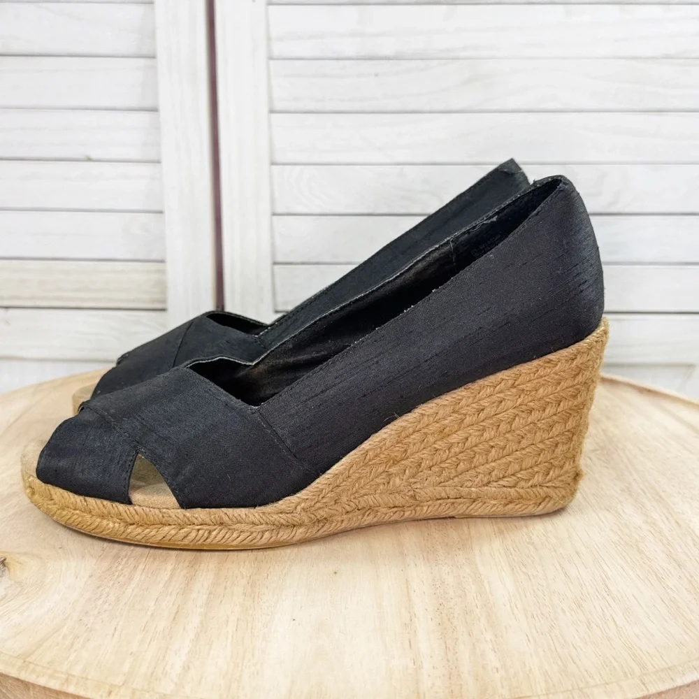 White Mountain Dupioni Fabric Peep Toe Espadrille Wedge Heels‎ Black 9